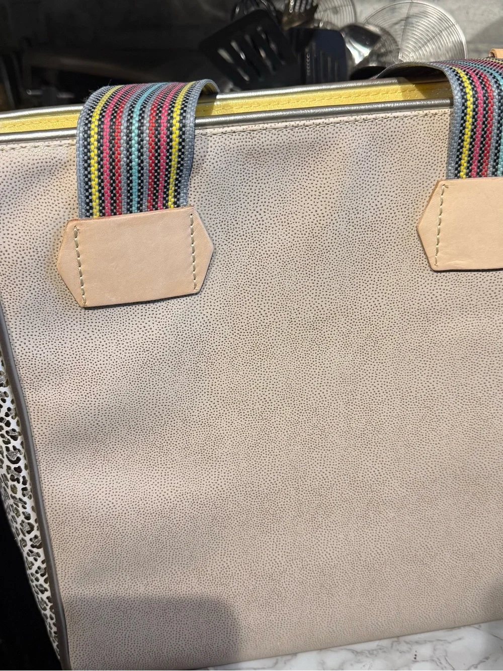 Consuela Beige Tote with Multicolor Sunburst Embroidery and Striped Handles